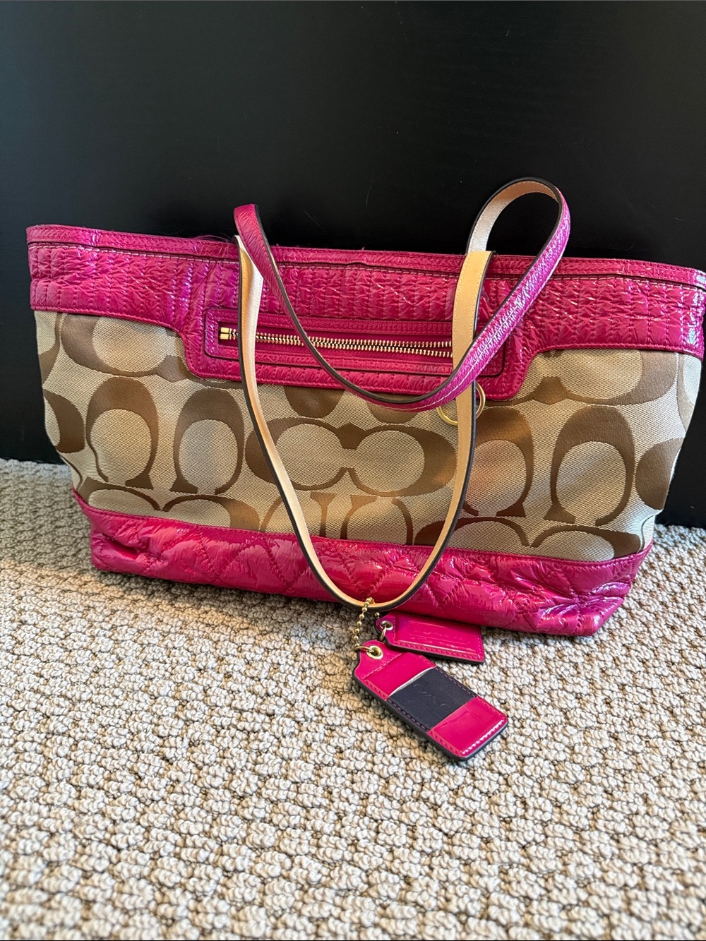Coach Poppy Y2K Signature Canvas Tote with Fuchsia Patent Leather Trim